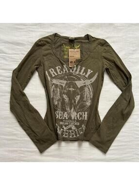 NWT D.i.a. Khaki green long sleeve top with western print Size Small